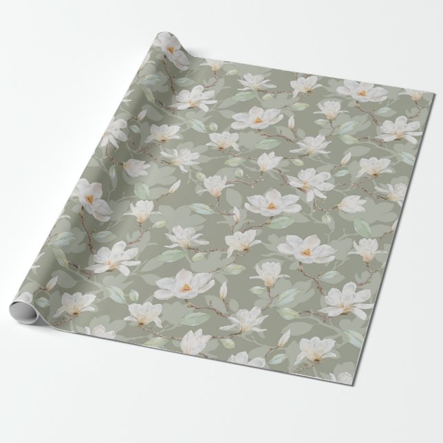 Hand Painted White Magnolia on Mossy Green Wrapping Paper (Unrolled)