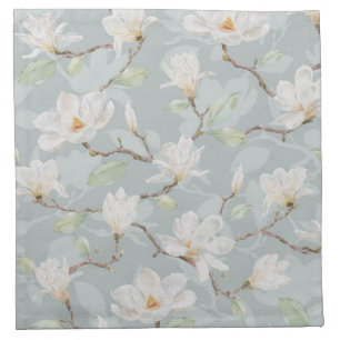 Hand Painted White Magnolia on Pastel Blue Cloth Napkin
