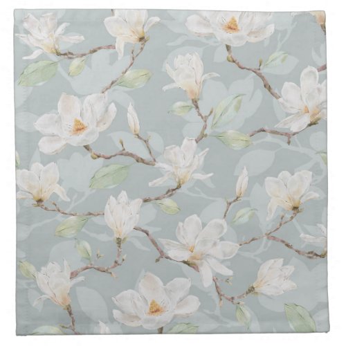 Hand Painted White Magnolia on Pastel Blue Cloth Napkin