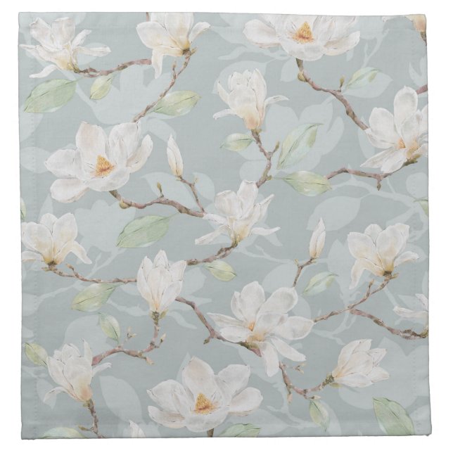 Hand Painted White Magnolia on Pastel Blue Cloth Napkin (Front)