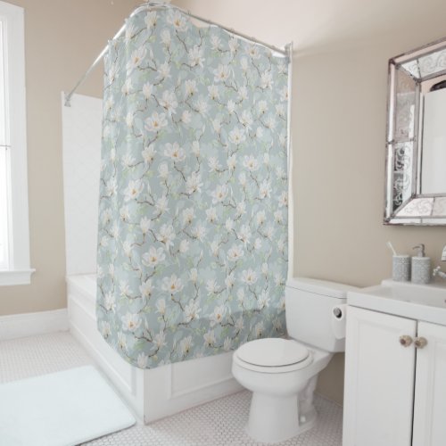 Hand Painted White Magnolia on Pastel Blue Shower Curtain