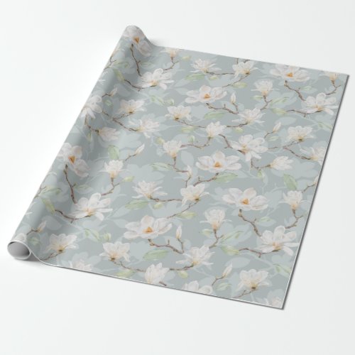 Hand Painted White Magnolia on Pastel Blue Wrapping Paper