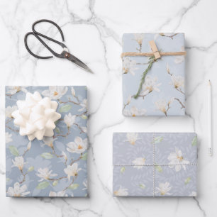 Hand Painted White Magnolia on Pastel Blue Wrapping Paper Sheets