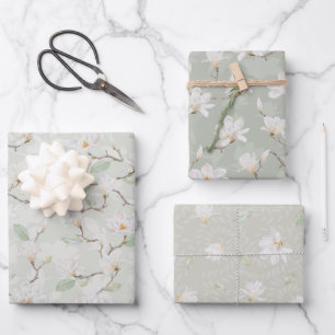 Hand Painted White Magnolia on Pastel Green Wrapping Paper Sheets