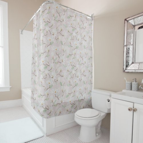 Hand Painted White Magnolia on Pastel Pink Shower Curtain