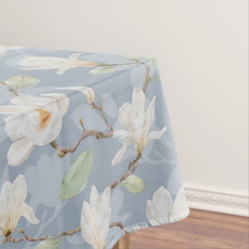 Hand Painted White Magnolia on Sky Blue Tablecloth