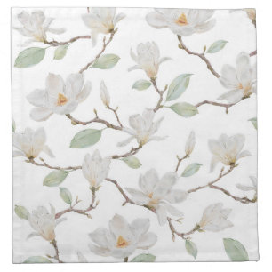 Hand Painted White Magnolia on White Cloth Napkin