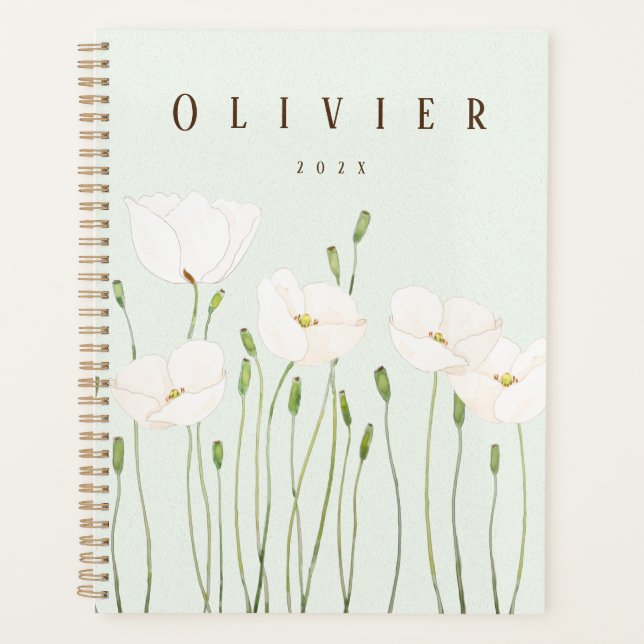 hand painted white poppy watercolor  planner (Front)