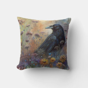 Hand Painted - Wildflower Meadow Raven Throw Pillow