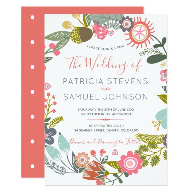 Hand painted wildflowers meadow wreath wedding invitation