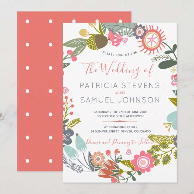 Hand painted wildflowers meadow wreath wedding invitation (Front/Back)