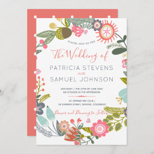 Hand painted wildflowers meadow wreath wedding invitation