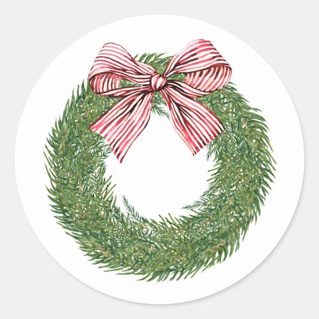 Hand Painted Winter Pine Wreath Striped Red Bow Classic Round Sticker (Front)