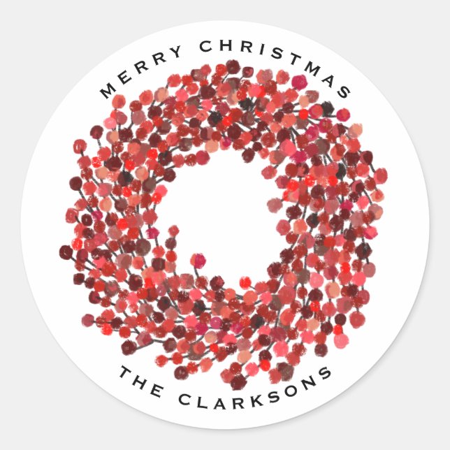 Hand Painted Winterberry Wreath Merry Christmas Classic Round Sticker (Front)