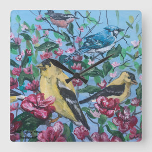 Hand Painted Yellow Birds Square Wall Clock