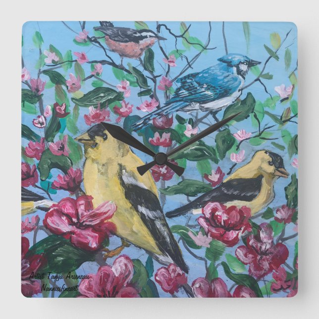 Hand Painted Yellow Birds Square Wall Clock (Front)