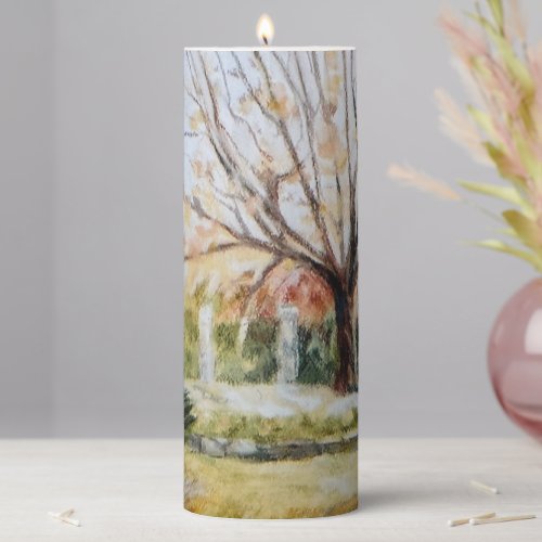 Hand painted yellow fall park nature tree grass pillar candle