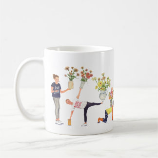 hand painted yoga and zinnia poses on a mug