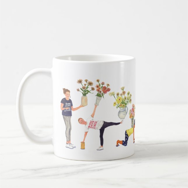 hand painted yoga and zinnia poses on a mug (Left)