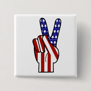 Hand Peace Sign - Red White & Blue Pinback Button