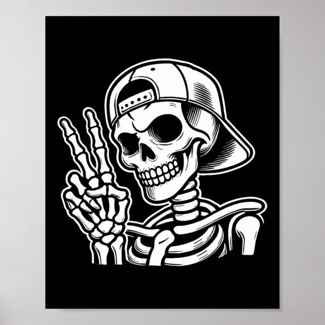 Hand Peace Sign Retro Halloween Skeleton Hand Sign (Front)