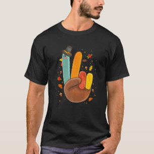 Hand Peace Sign Turkey Pilgrim Hat Cool Retro Than T-Shirt