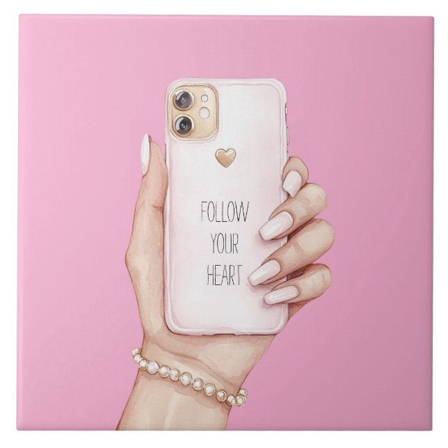 Hand phone chic girly pink nails ceramic tile (Front)