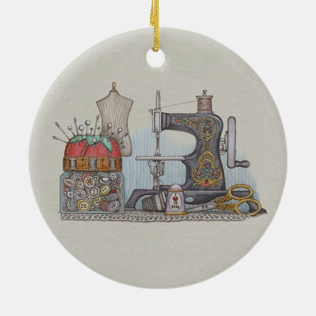 Hand Powered Sewing Machine Ceramic Ornament (Back)
