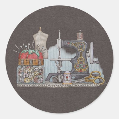 Hand Powered Sewing Machine Classic Round Sticker