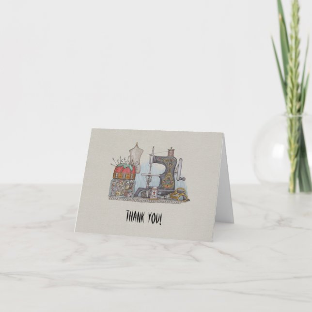 Hand Powered Sewing Machine Letterpress Thank You Card (Front)