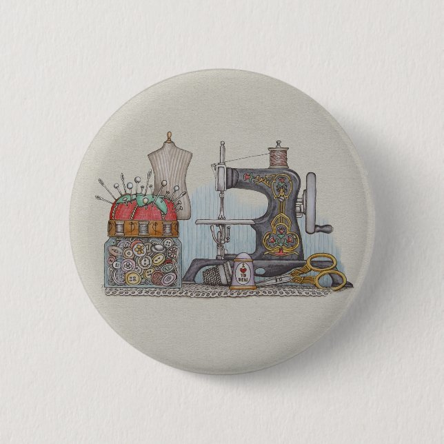 Hand Powered Sewing Machine Pinback Button (Front)