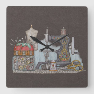 Hand Powered Sewing Machine Square Wall Clock
