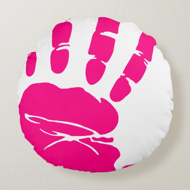 Hand print pink paint art palm round pillow (Front)