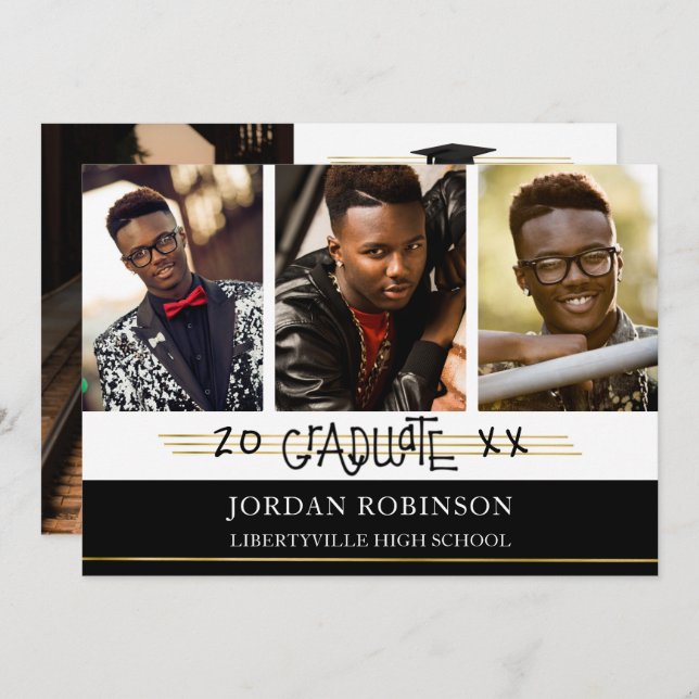 Hand Printed Graduate | Black and Gold Lines Invitation (Front/Back)