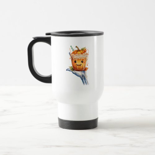 hand raising a glass of halloween pumpkin ice travel mug