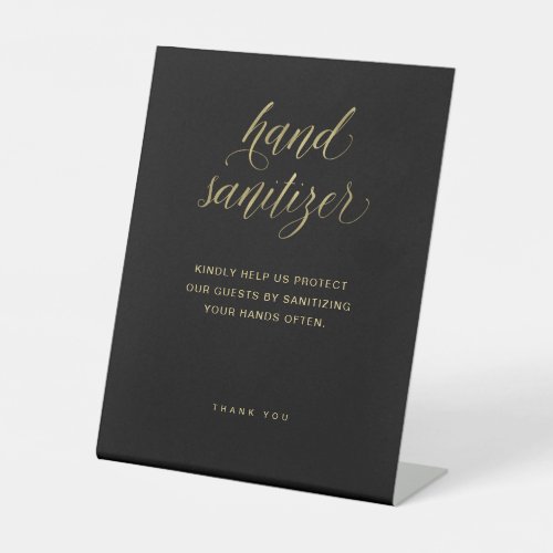 Hand Sanitizer  Black and Gold Typography Wedding Pedestal Sign