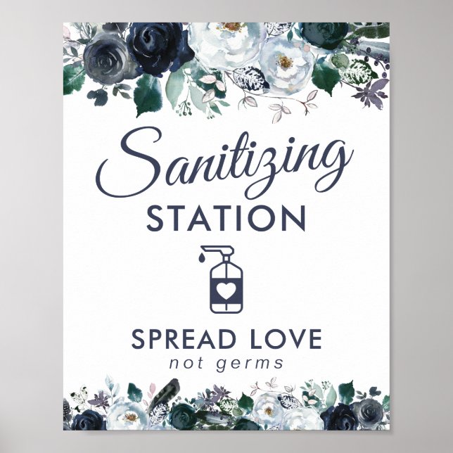 Hand Sanitizing Station Blue Floral Poster (Front)