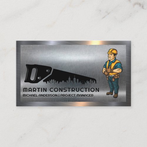 Hand Saw City Logo  Construction Worker  Steel Business Card