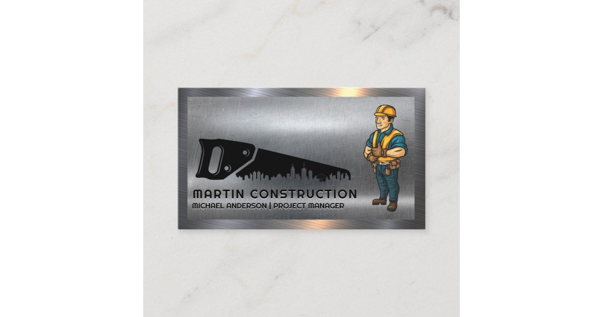 Hand Saw City Logo | Construction Worker | Steel Business Card | Zazzle