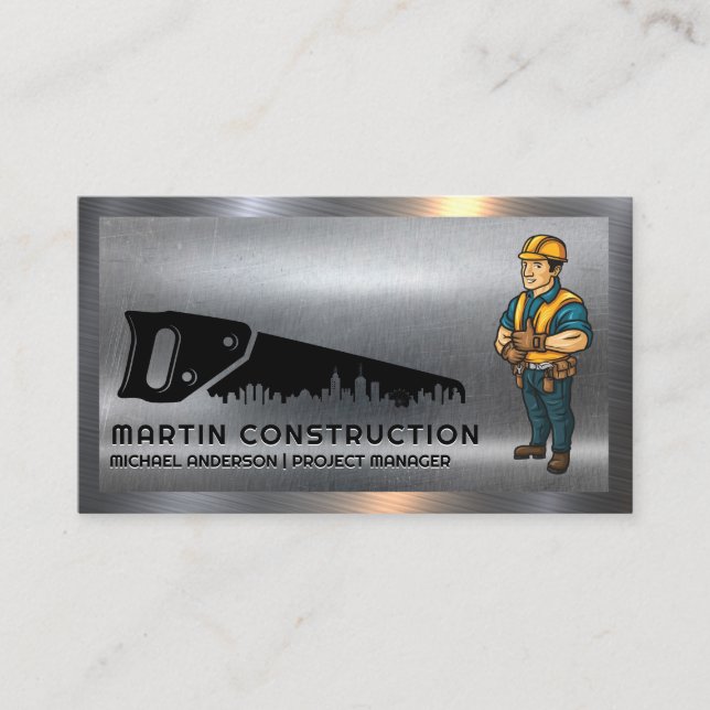Hand Saw City Logo | Construction Worker | Steel Business Card (Front)