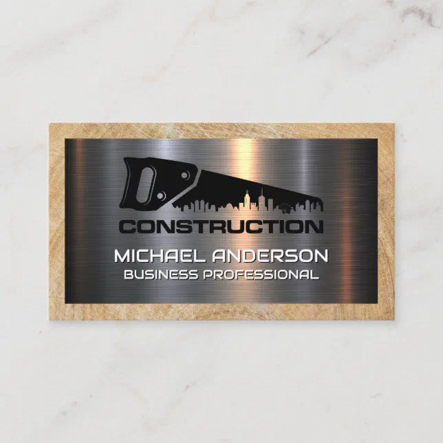 Hand Saw City Logo | Metal and Wood Construction Business Card | Zazzle