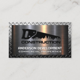 Hand Saw Construction Logo Metallic Business Card