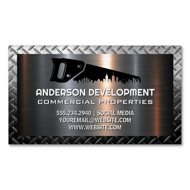 Hand Saw Construction Logo | Metallic  Business Card Magnet (Front)