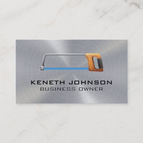 Hand Saw Icon  Metallic Background Business Card