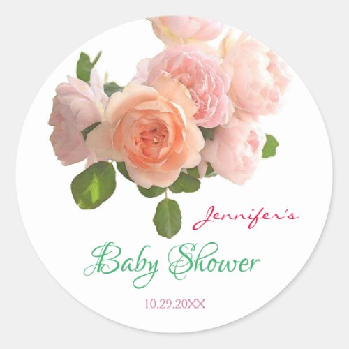 Hand Script Baby Shower Template Flowers Floral Classic Round Sticker