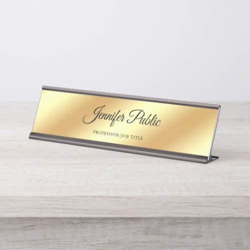 Hand Script Modern Chic Gold Calligraphed Template Desk Name Plate