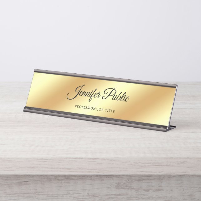 Hand Script Modern Chic Gold Calligraphed Template Desk Name Plate (Front)