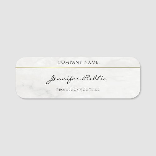 Hand Script Template White Marble Gold Elegant Name Tag