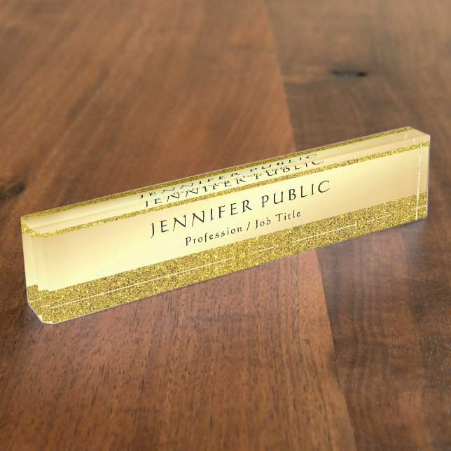 Hand Script Text Elegant Gold Glitter Template Desk Name Plate (Side)