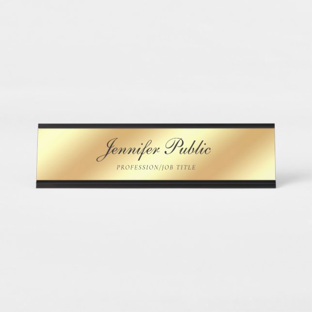 Hand Script Text Modern Elegant Gold Template Desk Name Plate (Front)
